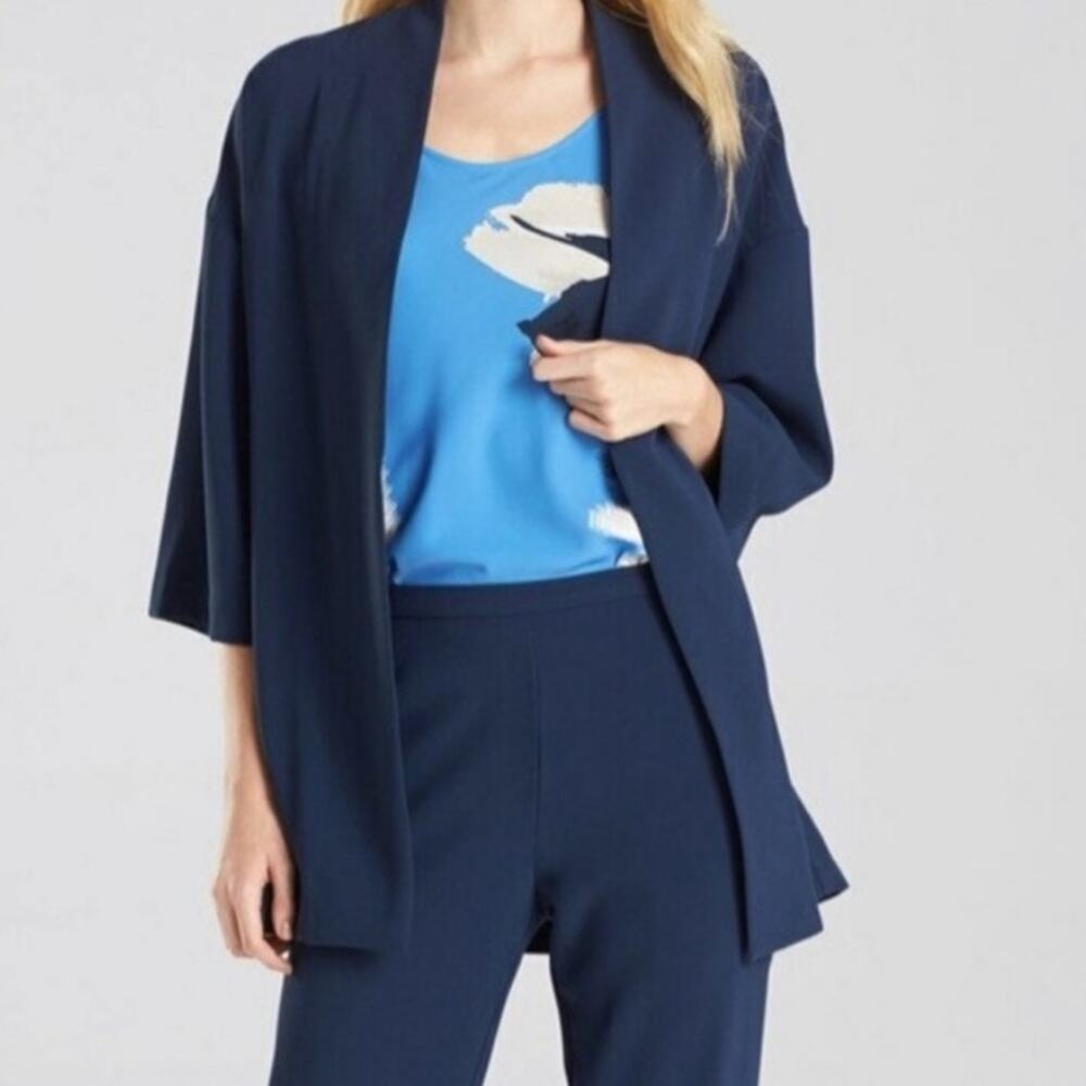 Natori Solid Blue Crepe Kimono Blazer Open Front Topper NWT Oversized LARGE